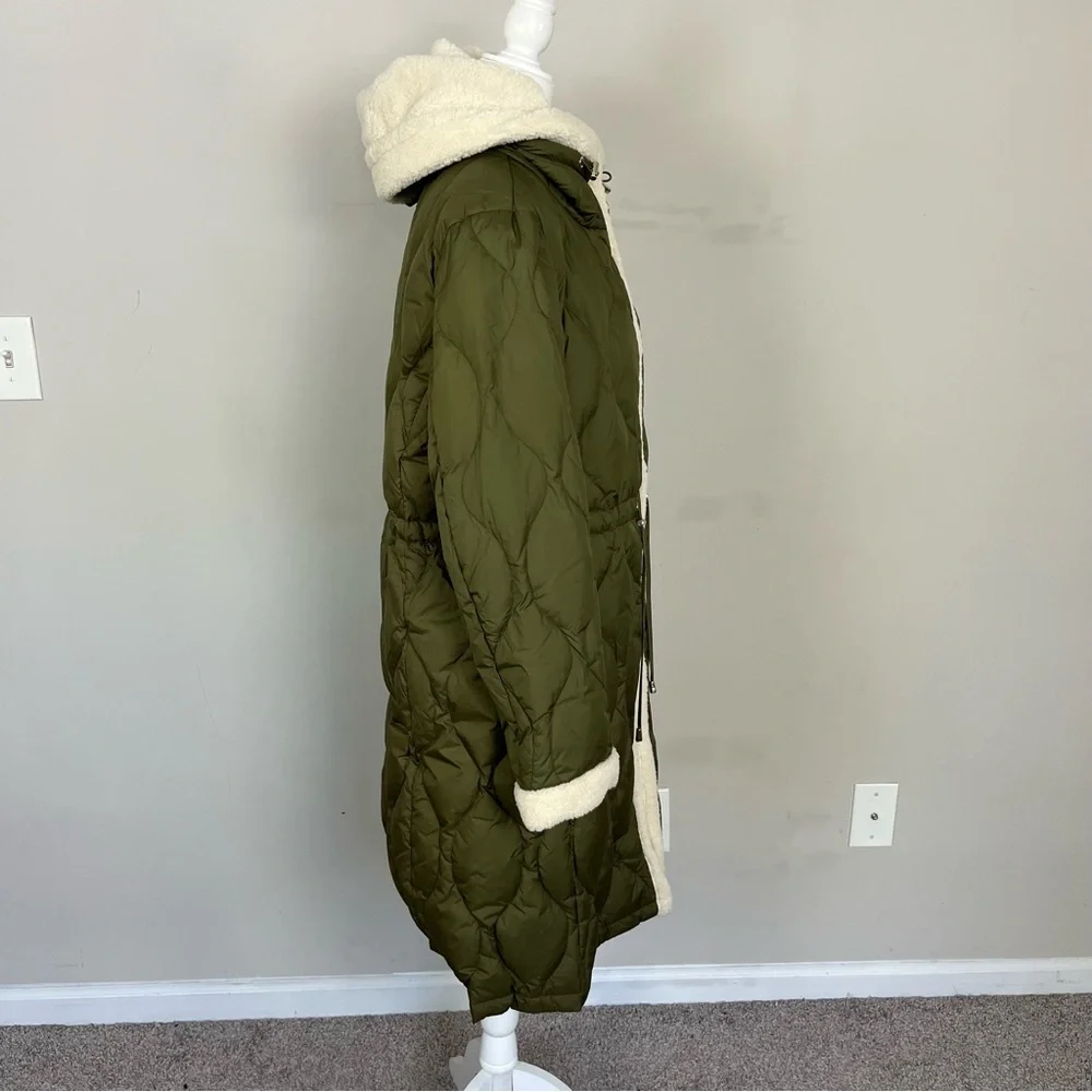 NWT KATE SPADE FAUX SHEARLING TRIM DOWN AND FEATHER FILL LONG COAT OLIVE SIZE XL - Picture 8 of 16